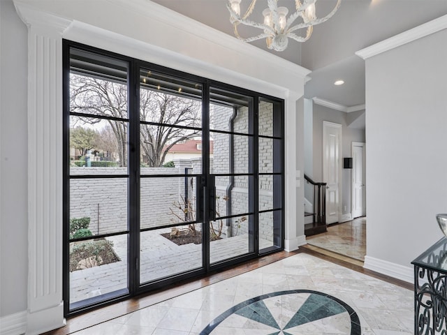 doorway to outside featuring recessed lighting, baseboards, ornamental molding, stairway, and an inviting chandelier