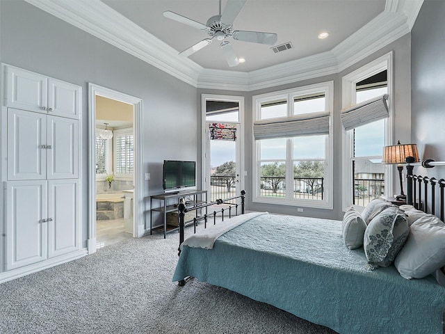 carpeted bedroom with ornamental molding, visible vents, and multiple windows