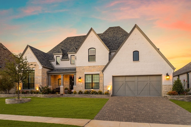 french provincial home with a shingled roof, stone siding, decorative driveway, a front lawn, and brick siding