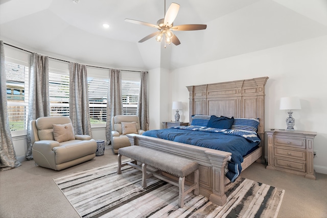 bedroom featuring a ceiling fan, recessed lighting, light colored carpet, and vaulted ceiling