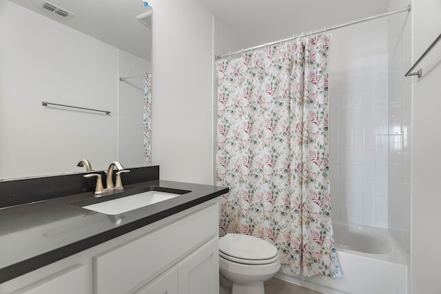 full bath featuring shower / bath combination with curtain, visible vents, vanity, and toilet