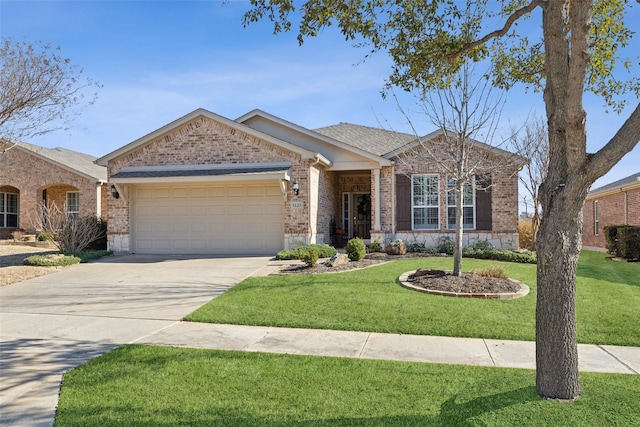 ranch-style house featuring an attached garage, a front yard, concrete driveway, and brick siding