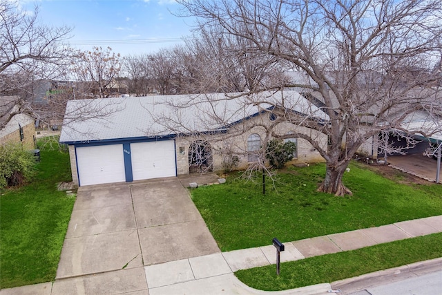 ranch-style house with a front yard, brick siding, and driveway