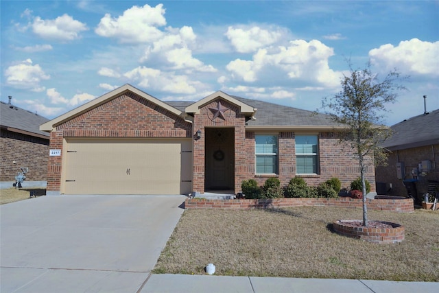 single story home featuring a garage, concrete driveway, brick siding, and roof with shingles