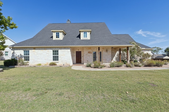 view of front of property featuring stone siding, a shingled roof, and a front yard