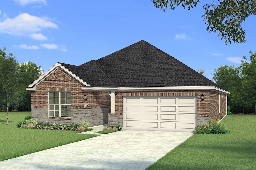 ranch-style home with stone siding, a front lawn, roof with shingles, and brick siding