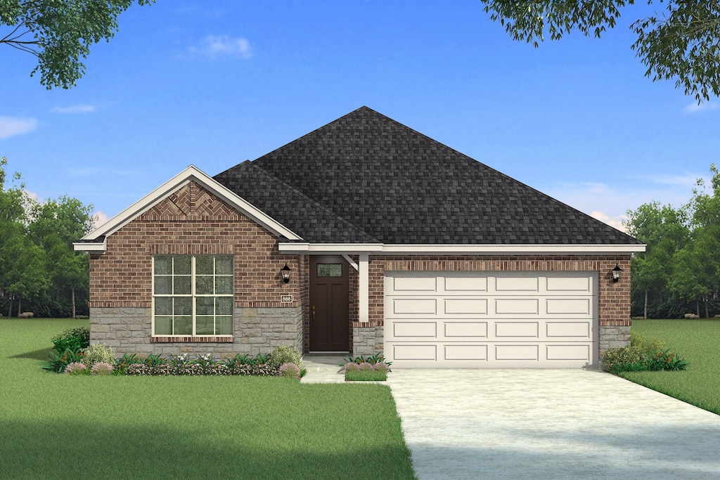 view of front of house with roof with shingles, brick siding, concrete driveway, an attached garage, and a front lawn