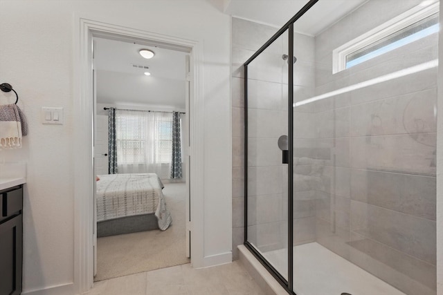bathroom featuring tile patterned floors, visible vents, vanity, connected bathroom, and a stall shower
