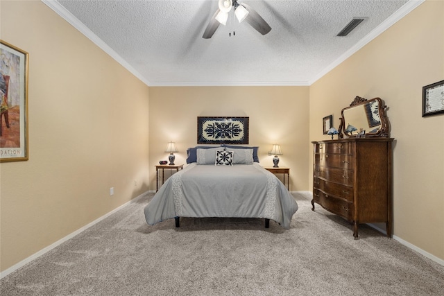 bedroom with ornamental molding, visible vents, and light carpet