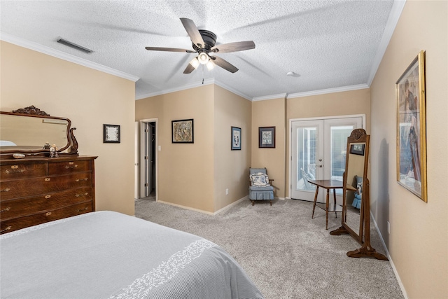 bedroom with access to exterior, french doors, light colored carpet, visible vents, and ornamental molding