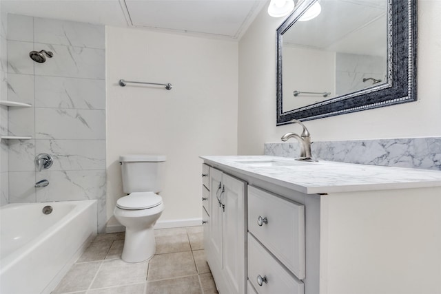 bathroom with tile patterned flooring, toilet, bathing tub / shower combination, vanity, and baseboards