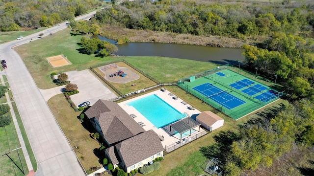 drone / aerial view with a water view