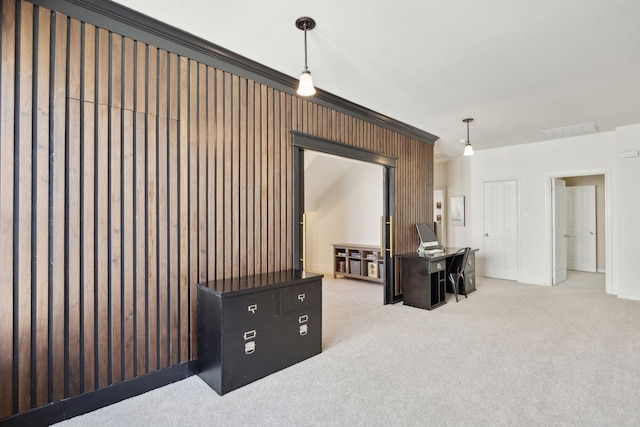 home office featuring light carpet and visible vents