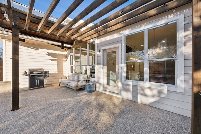 view of patio / terrace with outdoor lounge area, grilling area, and a pergola