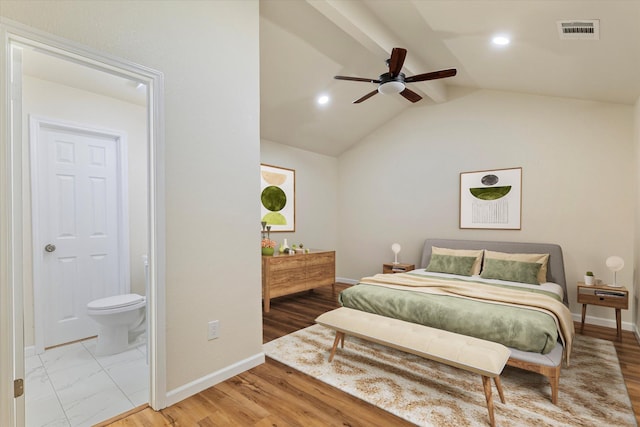 bedroom with vaulted ceiling with beams, baseboards, visible vents, and wood finished floors