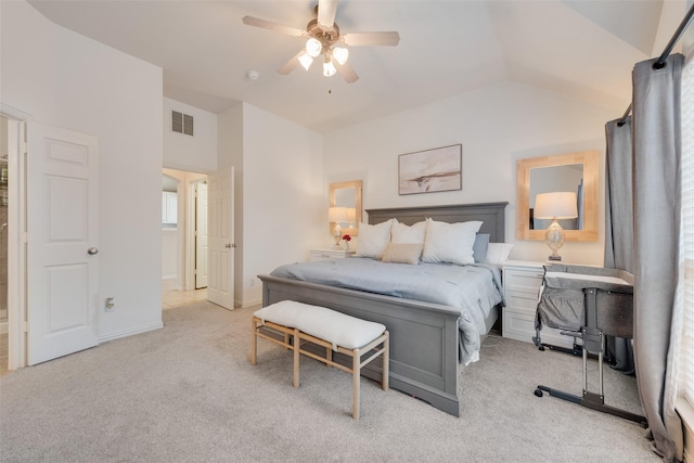 bedroom featuring ceiling fan, lofted ceiling, light carpet, visible vents, and baseboards