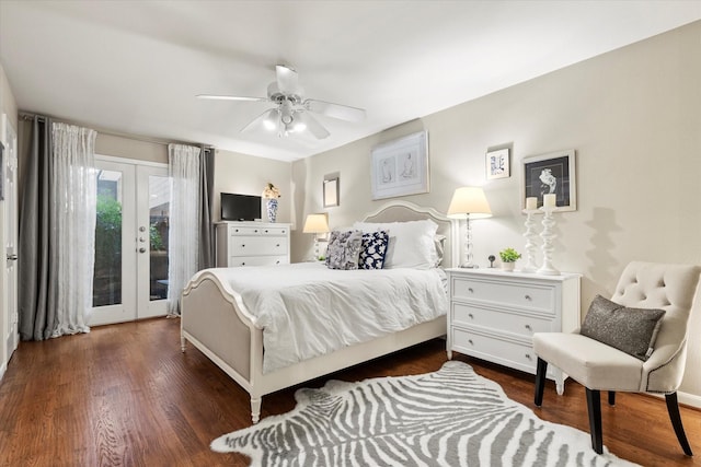 10211 Regal Oaks Dr Unit 121, Dallas, TX 75230 - bedroom with french doors, access to outside, dark wood-style floors, and a ceiling fan