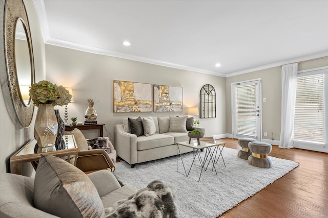 10211 Regal Oaks Dr Unit 121, Dallas, TX 75230 - living area featuring crown molding, wood finished floors, baseboards, and recessed lighting