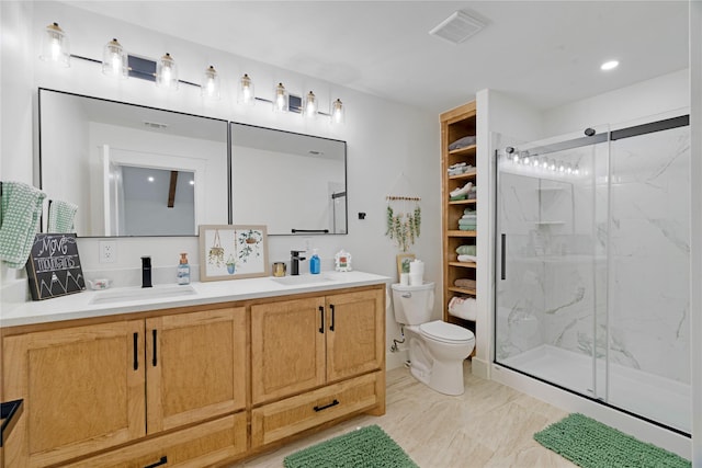 full bath featuring visible vents, a sink, a marble finish shower, and double vanity