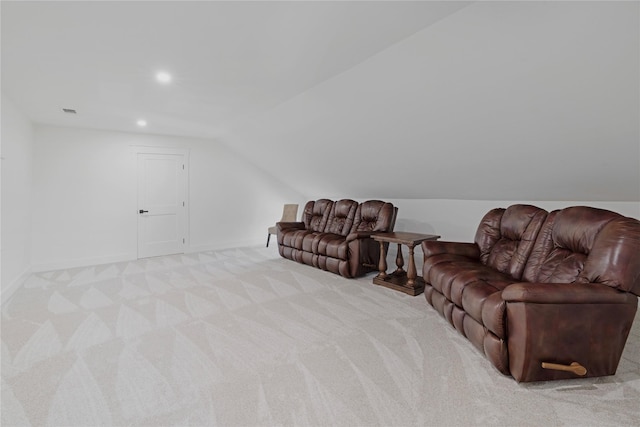 living room with lofted ceiling, light carpet, baseboards, and recessed lighting