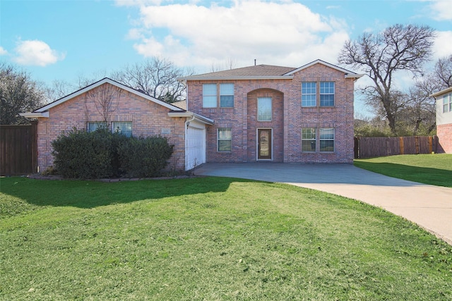 traditional home featuring a garage, concrete driveway, brick siding, and a front lawn