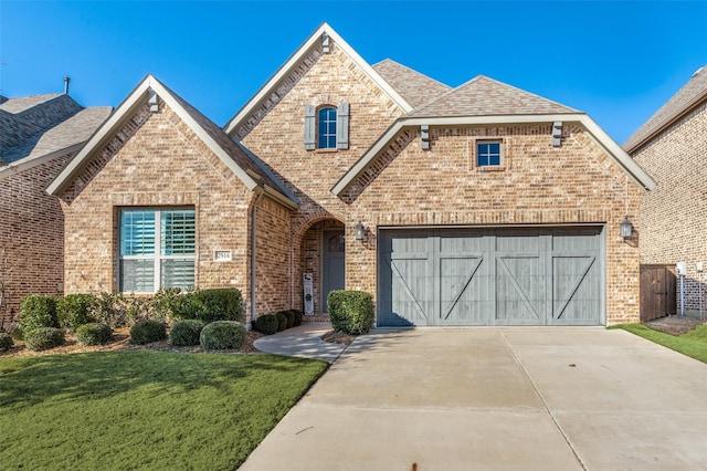 french country style house featuring a garage, a front lawn, concrete driveway, and brick siding