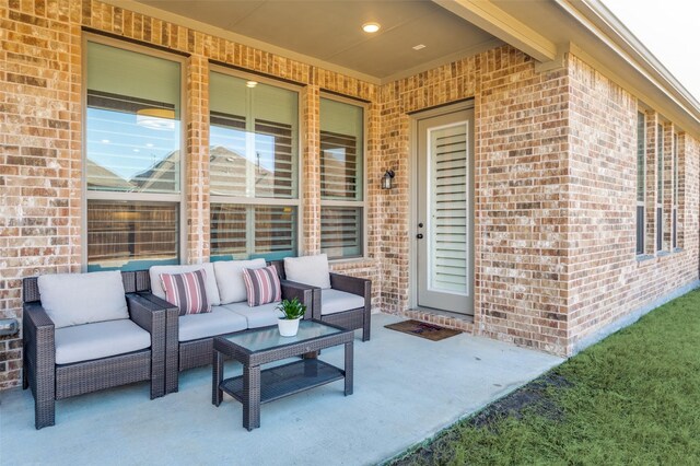 view of yard featuring a fenced backyard, a patio, and an outdoor hangout area