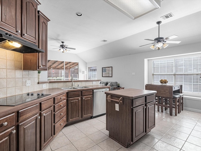 kitchen with visible vents, dishwasher, a kitchen island, black electric cooktop, and a sink