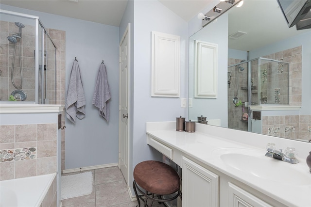 bathroom with a stall shower, visible vents, vanity, and a bath