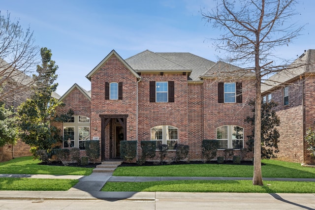 view of front facade with a shingled roof, brick siding, and a front lawn