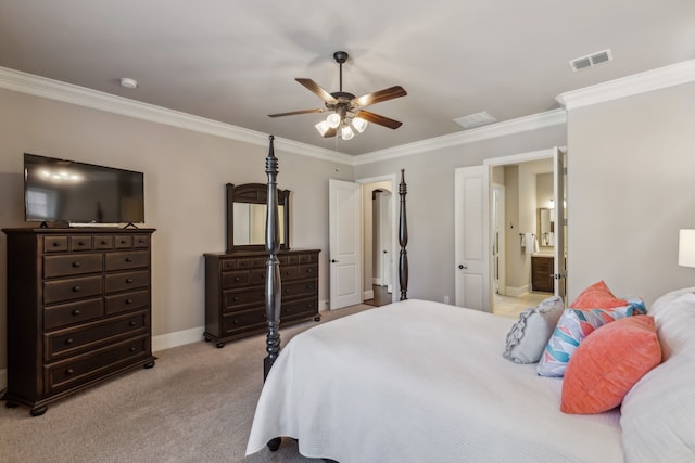 bedroom with light colored carpet, visible vents, crown molding, and baseboards