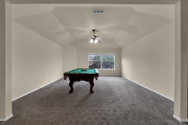 recreation room with dark colored carpet, visible vents, vaulted ceiling, and billiards