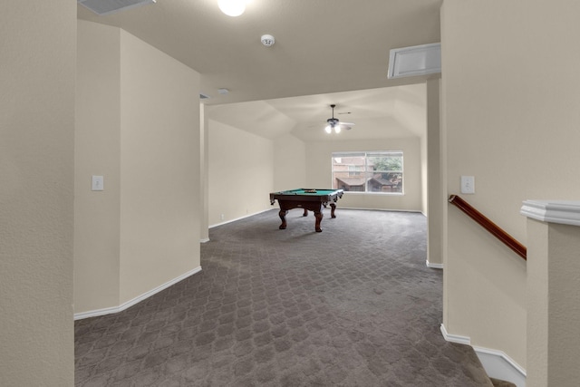 game room with dark colored carpet, pool table, visible vents, and baseboards