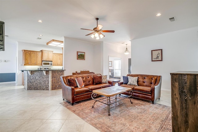 living area with recessed lighting, visible vents, ornamental molding, a ceiling fan, and light tile patterned flooring