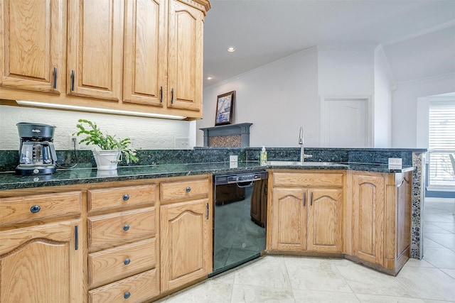 kitchen with a sink, black dishwasher, ornamental molding, decorative backsplash, and dark stone counters