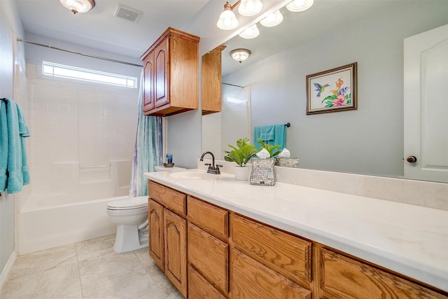 full bathroom with toilet, shower / tub combo, vanity, visible vents, and tile patterned floors