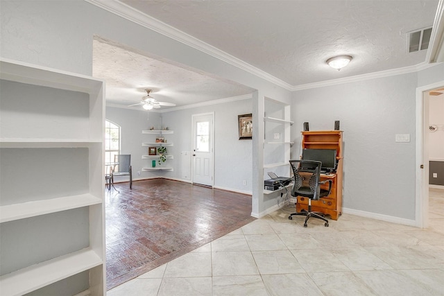 office space with a textured ceiling, baseboards, and crown molding