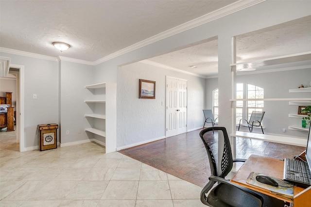 home office featuring crown molding, a textured ceiling, baseboards, and light tile patterned floors