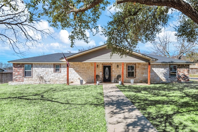 single story home with a front yard, fence, and a shingled roof