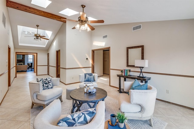 living room featuring a skylight, visible vents, and a ceiling fan