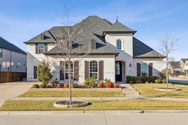 french country inspired facade featuring brick siding, fence, concrete driveway, roof with shingles, and a front yard