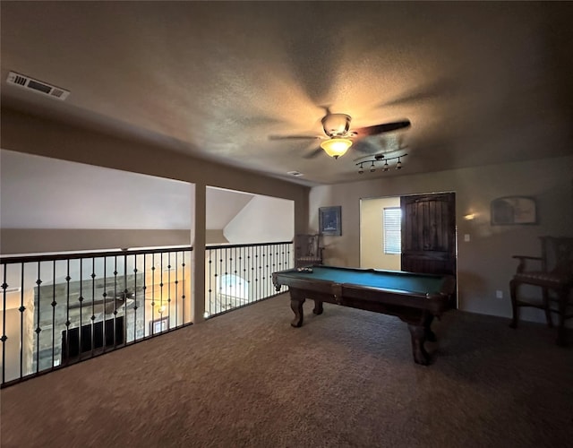 recreation room featuring billiards, visible vents, a ceiling fan, a textured ceiling, and carpet flooring