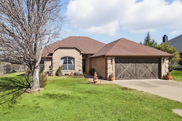 view of front of house with an attached garage, brick siding, concrete driveway, roof with shingles, and a front lawn