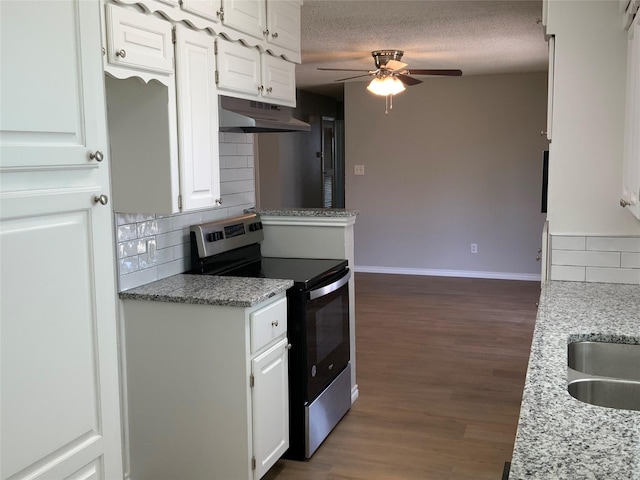 kitchen with light stone counters, under cabinet range hood, dark wood-type flooring, white cabinets, and stainless steel electric range