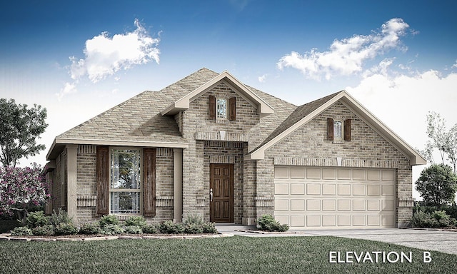 view of front facade with a garage, driveway, brick siding, and a front lawn