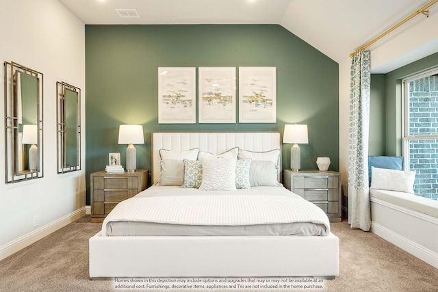 bedroom with baseboards, vaulted ceiling, and light colored carpet