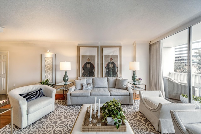 living area featuring a textured ceiling