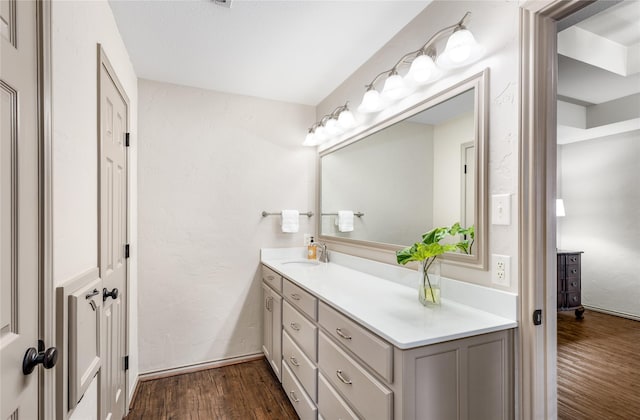 bathroom with wood finished floors and vanity