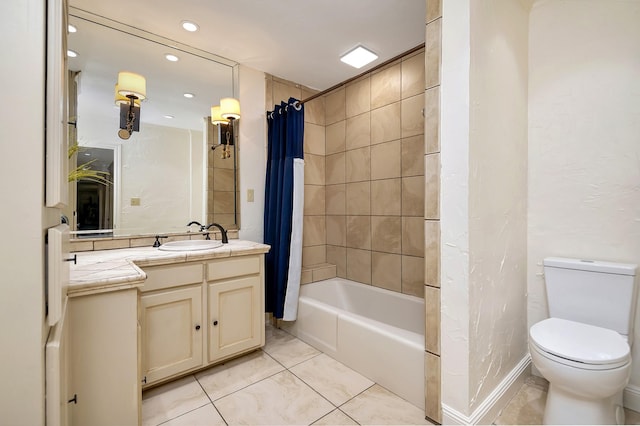 full bath featuring tile patterned flooring, toilet, recessed lighting, vanity, and shower / bath combo with shower curtain