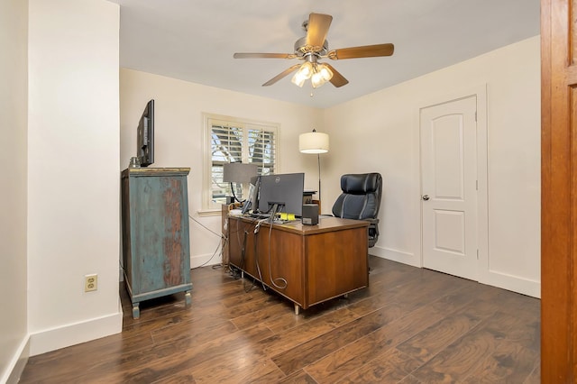 office space with ceiling fan, baseboards, and dark wood finished floors